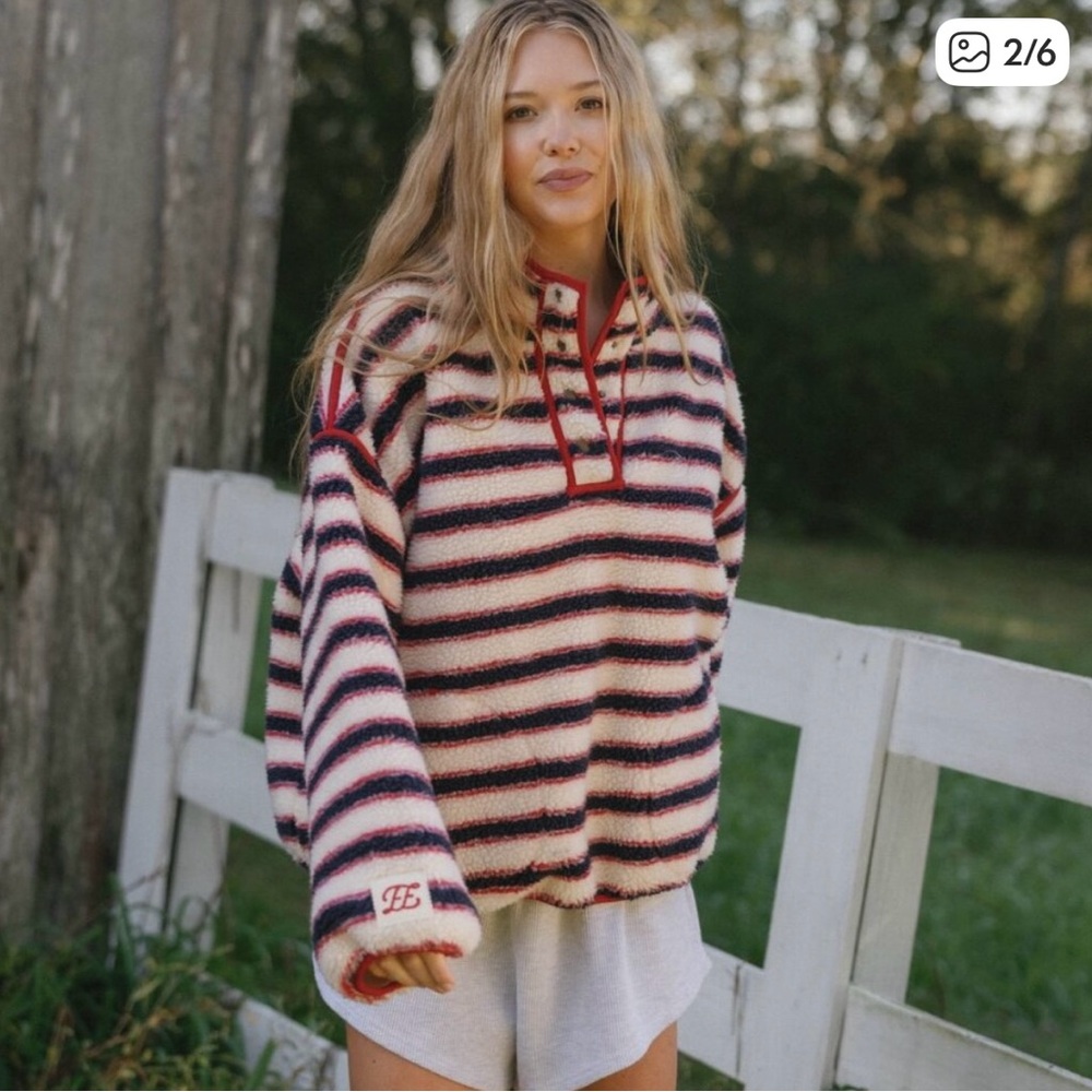 Striped Fleece Pullover Sweater - Cream, Navy & Red